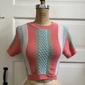 PRIVY Retro Coral, Tan, Blue Short Sleeve Sweater